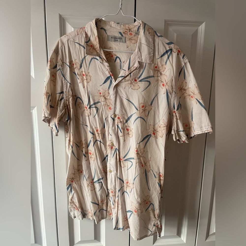 All Saints Floral Print White Short Sleeve Button Down Large